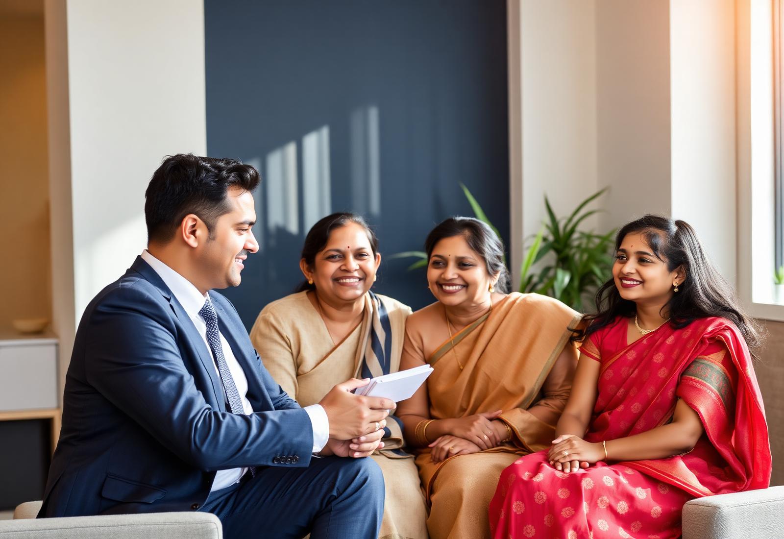 Financial advisor consulting with a happy family